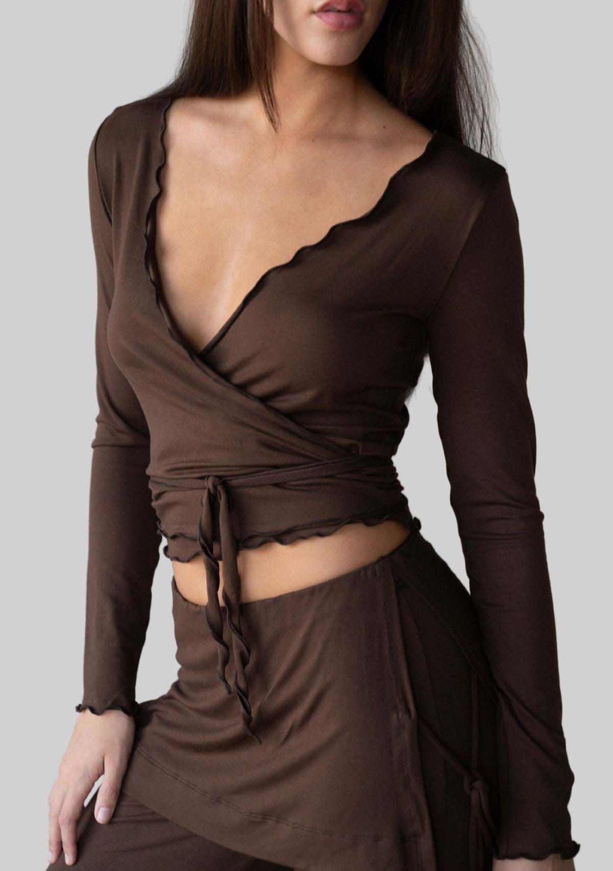 Jala Kira Wrap Top in Espresso - front view