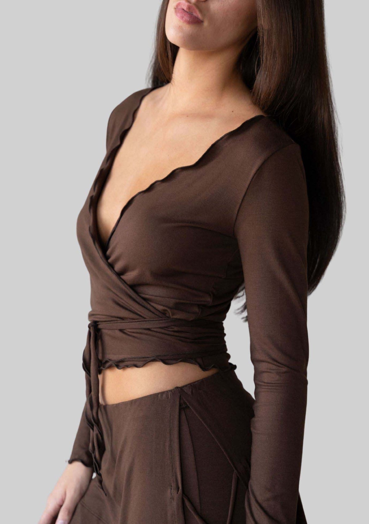 Jala Kira Wrap Top in Espresso - model photo