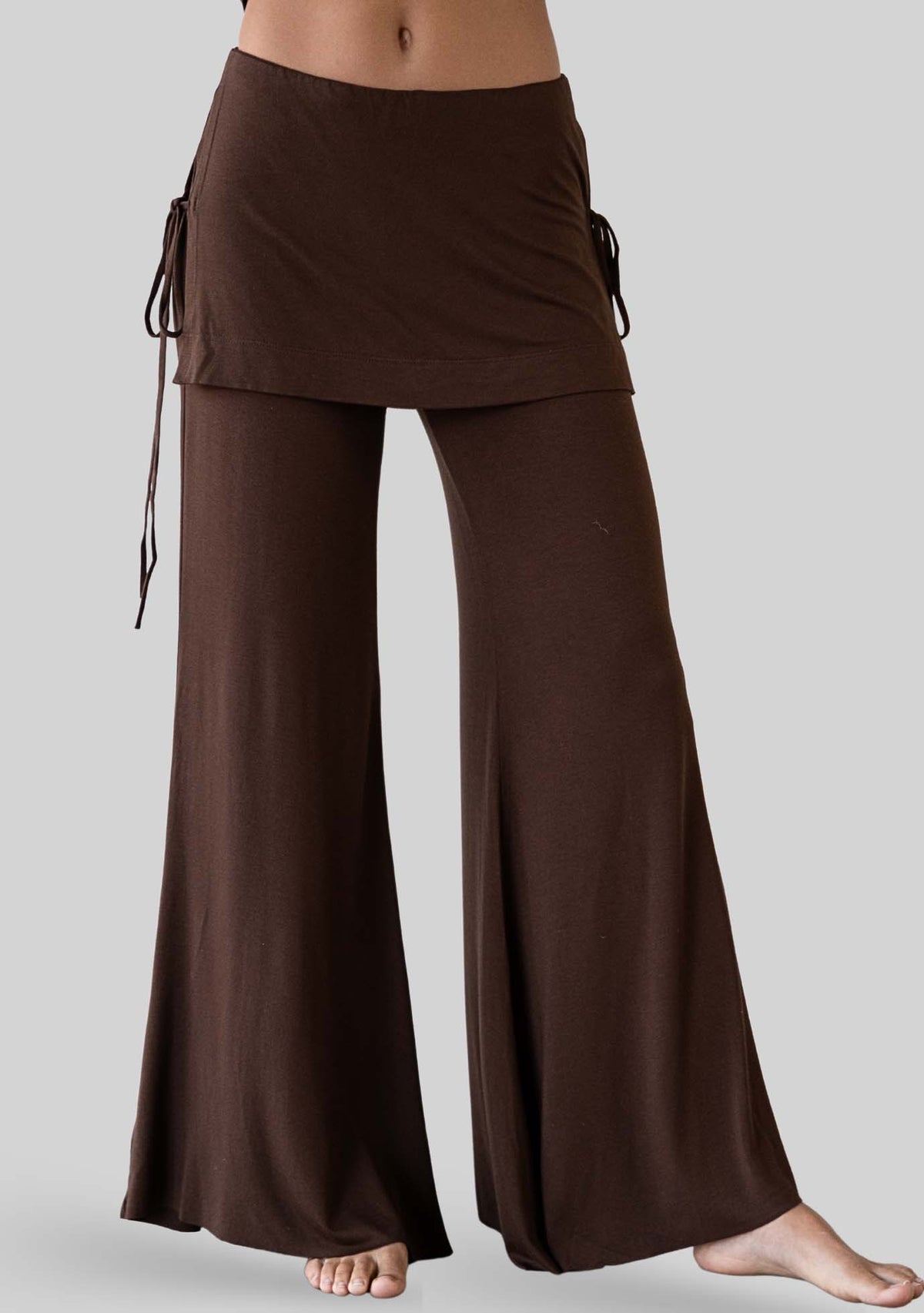 Jala Luna Pant in Espresso - model photo. [label] Amelia is 5'9" S