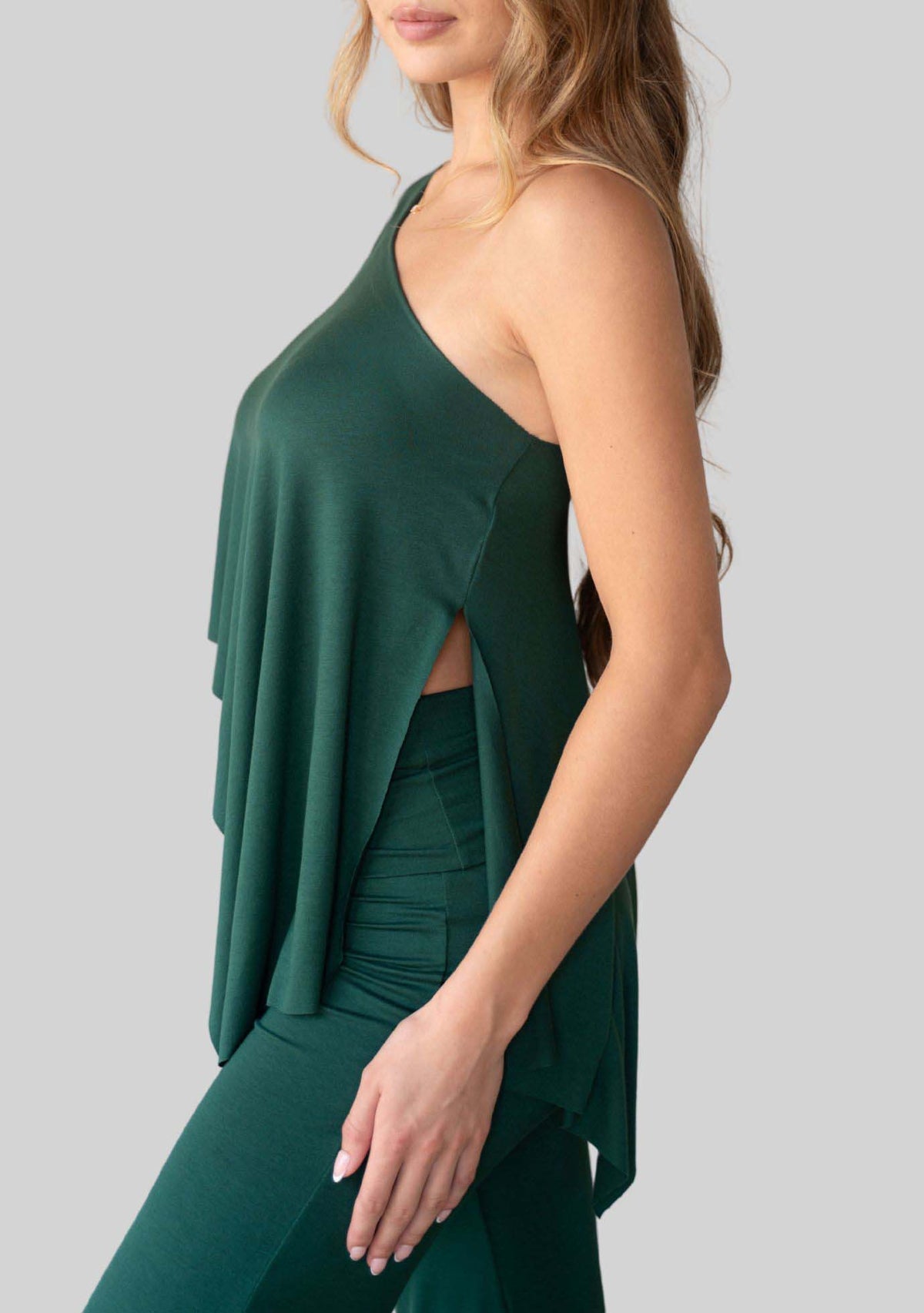 Evergreen Unwind Poncho, one shoulder style, side view. 