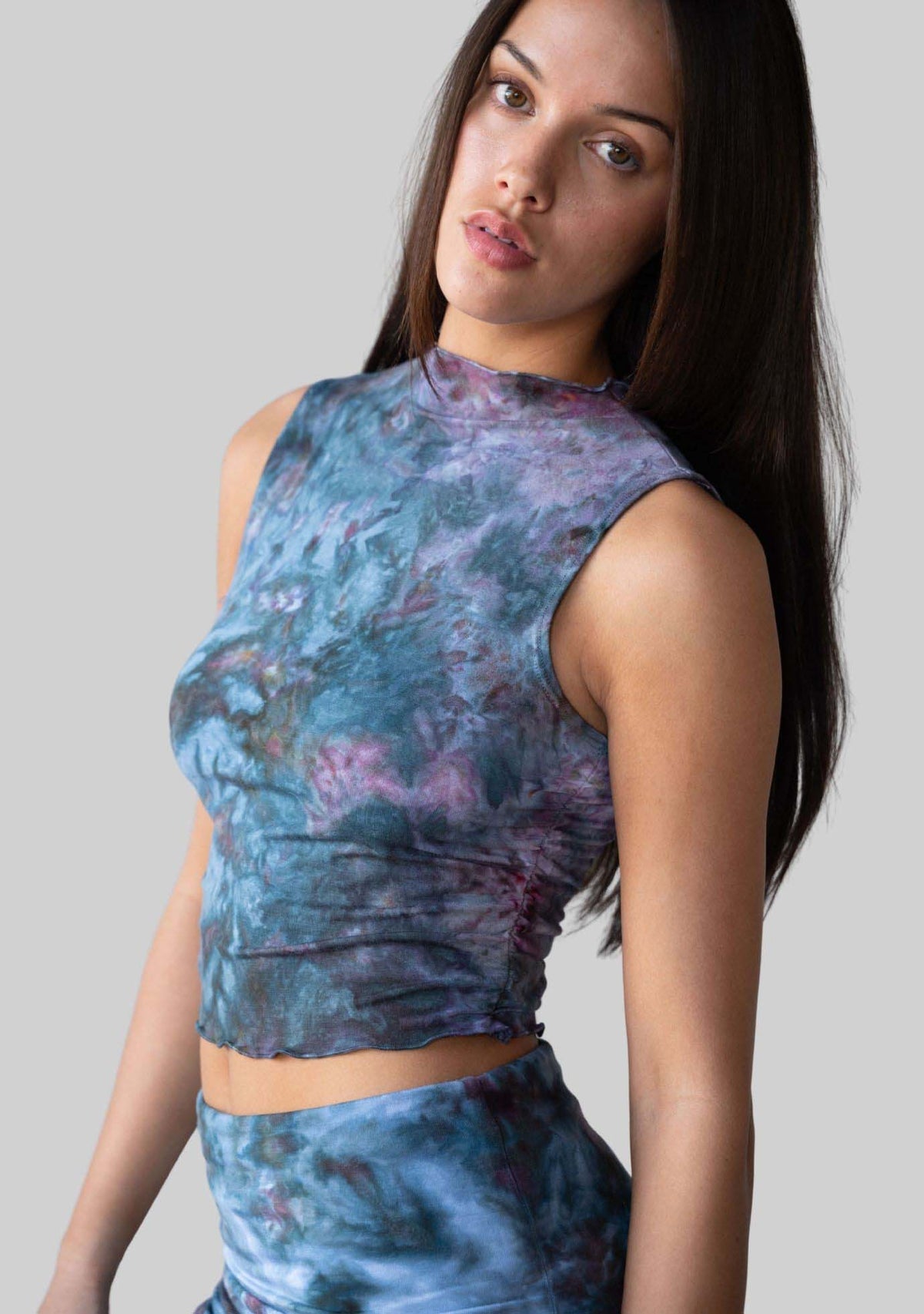 Jala Whisper Tank in Aurora - model photo. [label] Amelia is 5'9" XS